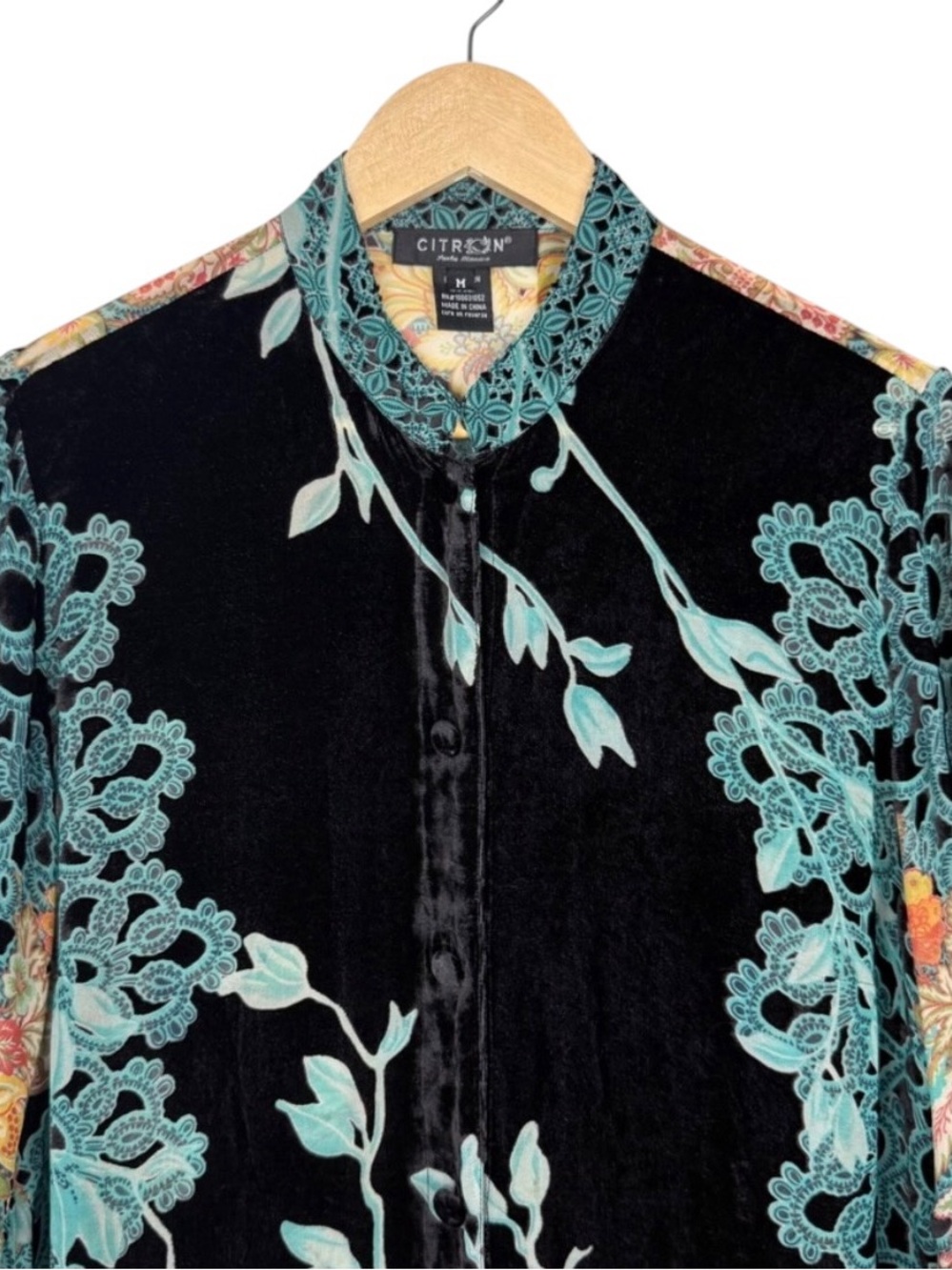 Citron Black Teal Burnout Velvet Silk Button Down Tunic Blouse Artsy Boho Size M - Picture 3 of 14